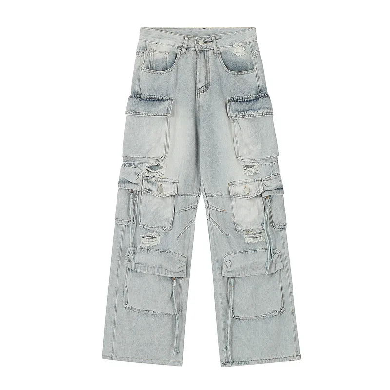 Jiayi Library Men's  Spring New American High Street RO Style Heavy Washed Multi-Pocket Jeans Wide Leg Pants
