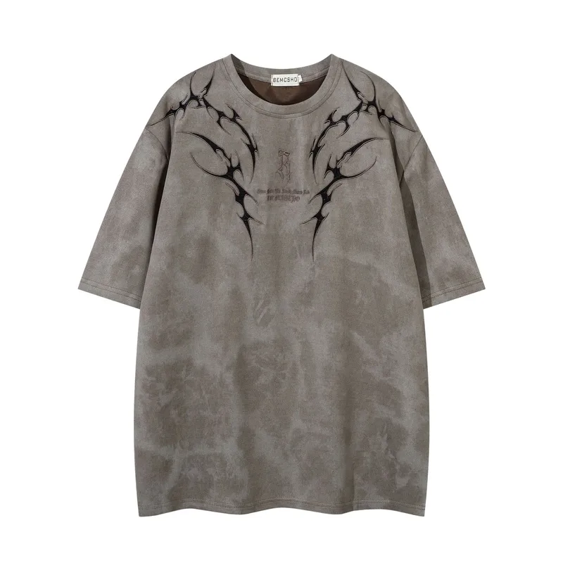 Jiayiku Men's  Summer Functional Style American Retro High Street Trendy Brand Tee Thorns Embroidered Short-sleeved T-shirt For Men