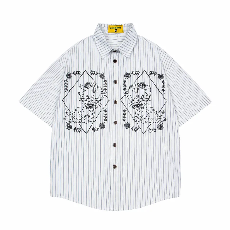 Jiayiku Men's  New American Style Antique Fashion Brand Cat Embroidered Striped Antique Shirt Short Sleeve Men And Women