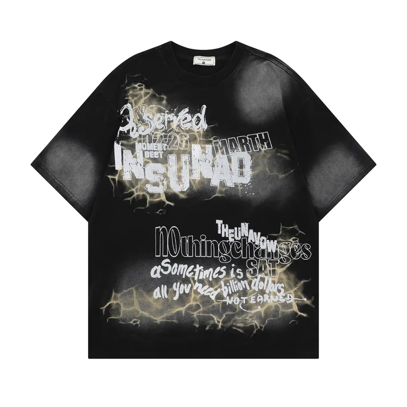 Jiayiku Men's  Summer New American Street Fashion Brand Tee Heavy Washed Graffiti Print Short Sleeve T-Shirt