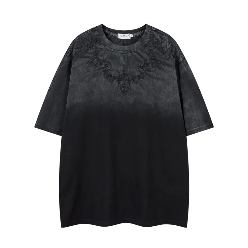 Jiayiku Men's  Summer New American Retro Thorns Embroidered Trendy Brand Tee Heavy Washed Short-sleeved T-shirt
