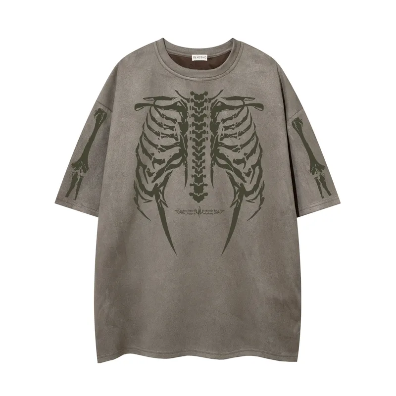 Jiayiku Men's  American Street Dark Tide Brand Tee Skull Skeleton Printed Suede Short-sleeved T-shirt For Men