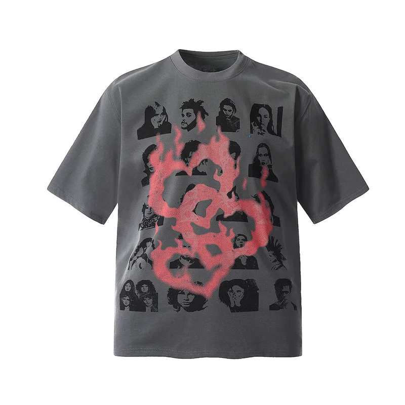 Jiayiku Men's  Summer American Street Hip Hop Fashion Brand Couple Tee Flame Heart-shaped Printed T-shirt Short Sleeve