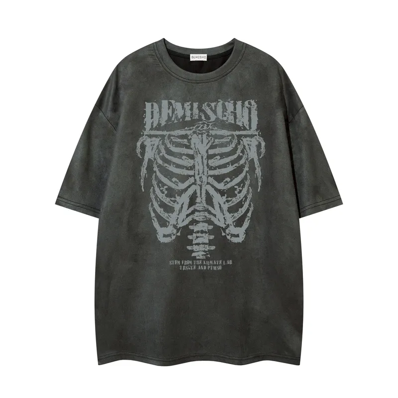 Jiayiku Men's Wear ∠  American Street Dark Style Fashion Brand Tee Skull Skeleton Printed Suede T-Shirt Men