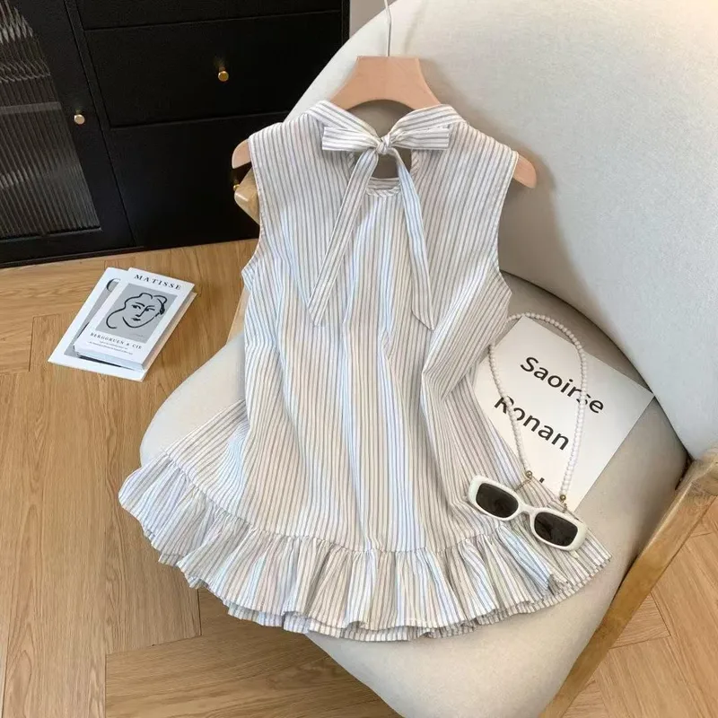 Striped Design Sleeveless New Shirt Summer Shirt Vest New Bow Loose Top