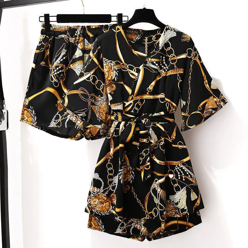 Fashion Floral Women's Suit  Summer New Two-Piece Set Stylish Chiffon Dress Slimming Age-Reducing Shorts Set