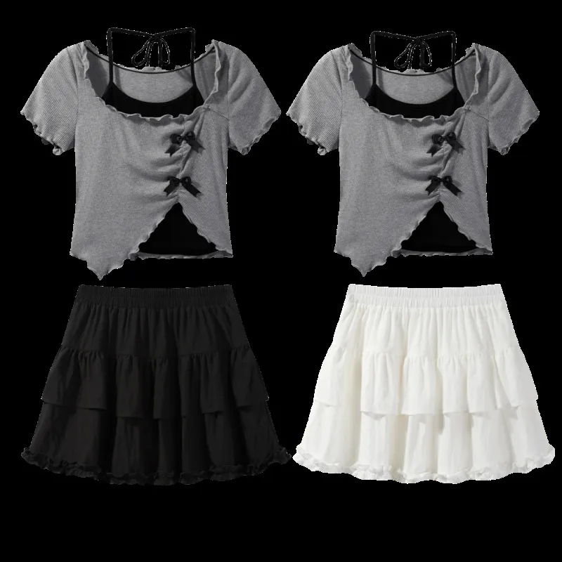 Gray Asymmetrical Suspender Short-sleeved Shirt For Women New Summer Halter Waist Slim Top + Cake Skirt Two-piece Set