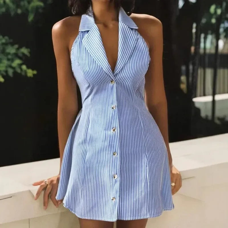 Backless Strap Bow Holiday A- Line Beach Dress Single Row Button Strap Dress  Women's Clothing