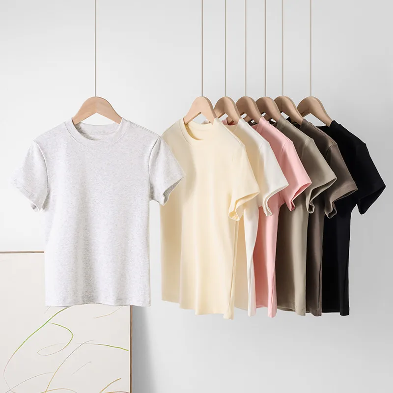 Women's Short-Sleeved Shoulder T-Shirt With French Crewneck  Summer Short Stretch Slim-Fit Hot Girl Style Slimming Short Top For Women