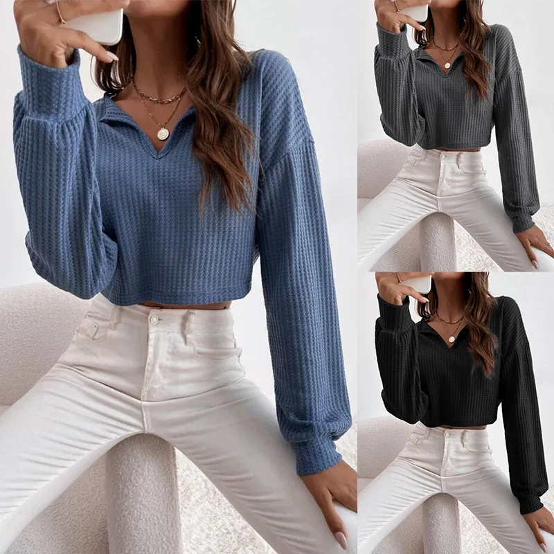 Autumn New Women's V-neck Solid Color Navel Long-sleeved T-shirt For Women