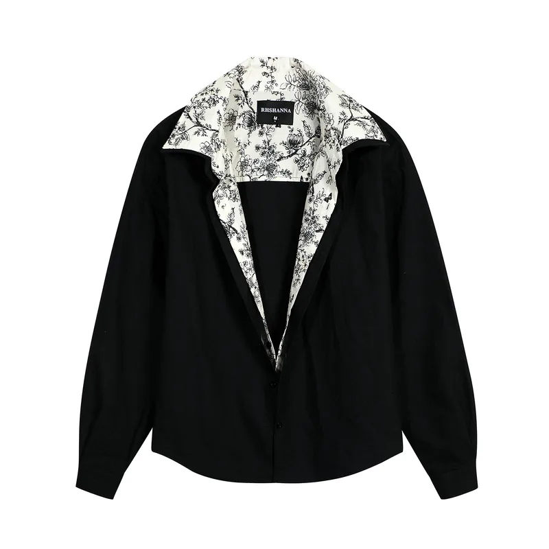 Jiayiku Men's  Spring New Fake Two-piece Small Floral Stitching Niche Long-sleeved Shirt Ins Fashionable And Handsome