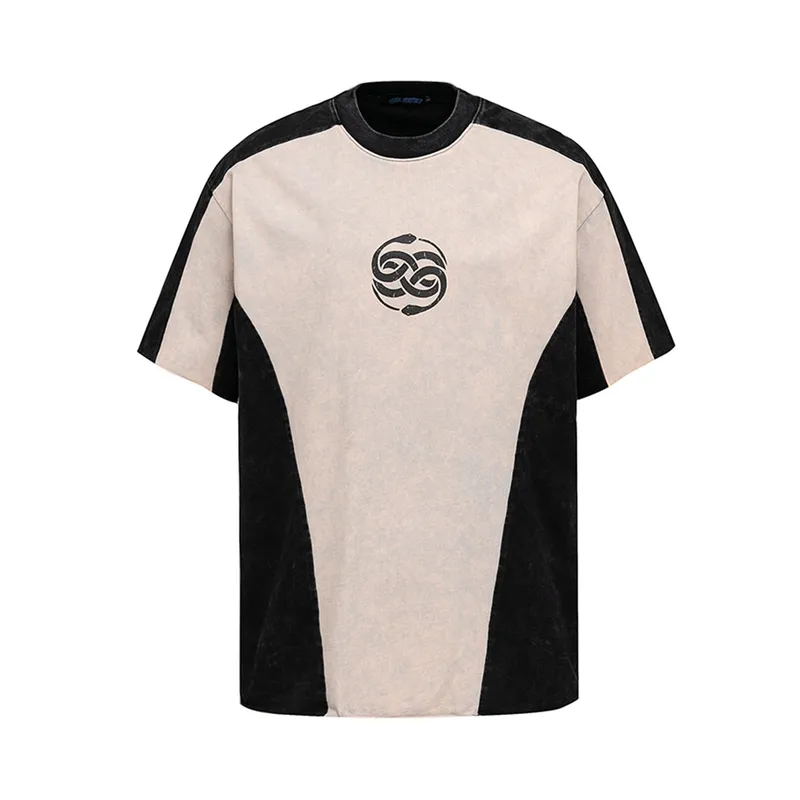 Jiayi Library Men's  Summer American Motorcycle Style Color-block Sweatshirt Year Of The Snake Theme Washed Short-sleeved T-shirt Men