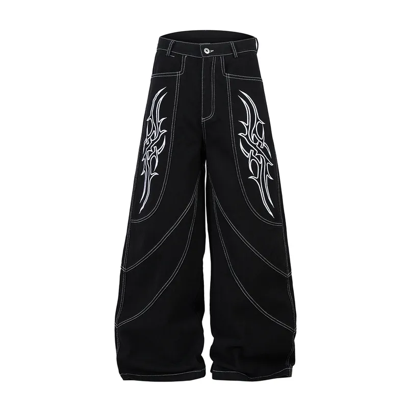 Spring  High Street RO Wind Structure Split Flame Embroidery Washed Primary Color Jeans Loose Wide Leg Pants