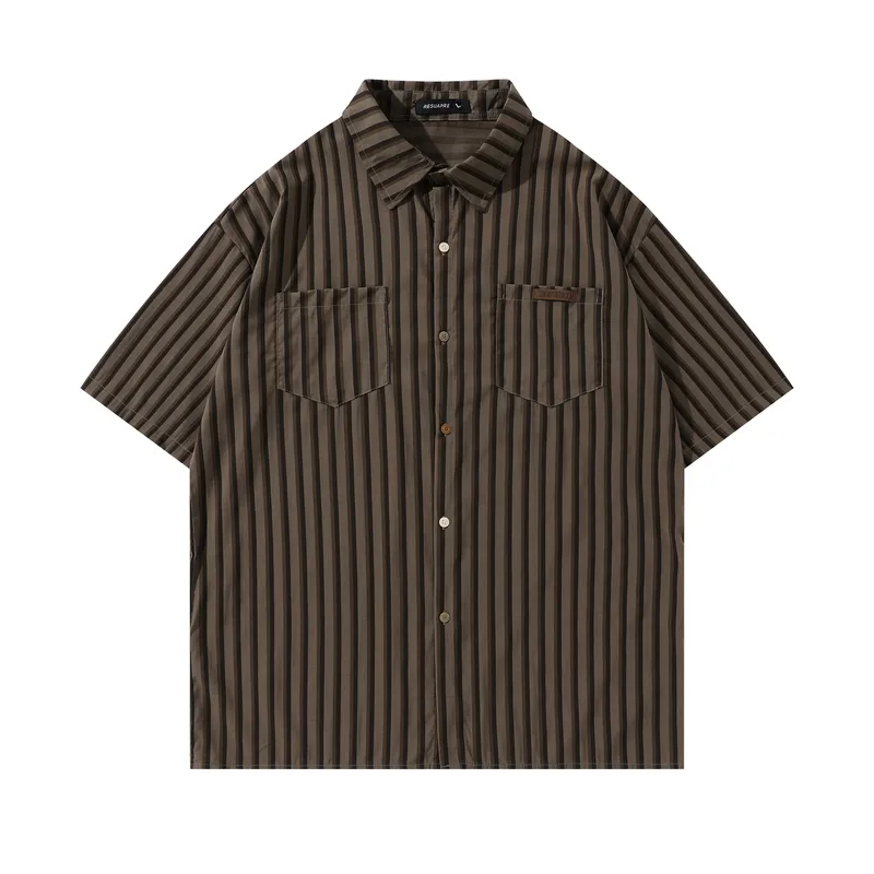 Jiayi Library Men's  Summer New American Retro Cleanfit Striped Shirt Antique Short-sleeved Shirt