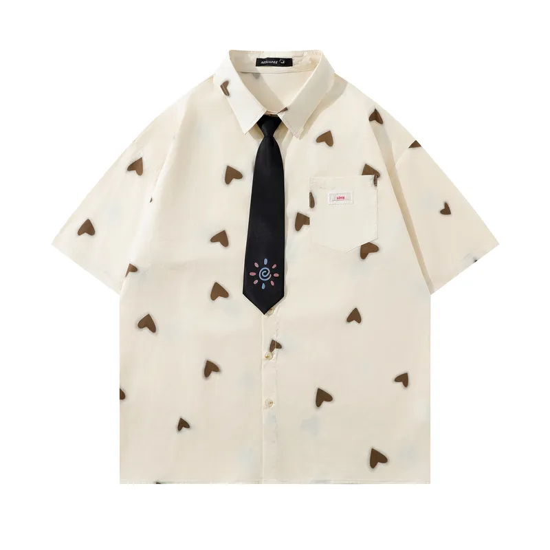 Jiayiku Men's  Summer New American Style Antique Fashion Brand Heart-shaped Printed Casual Shirt Short-sleeved For Men And Women