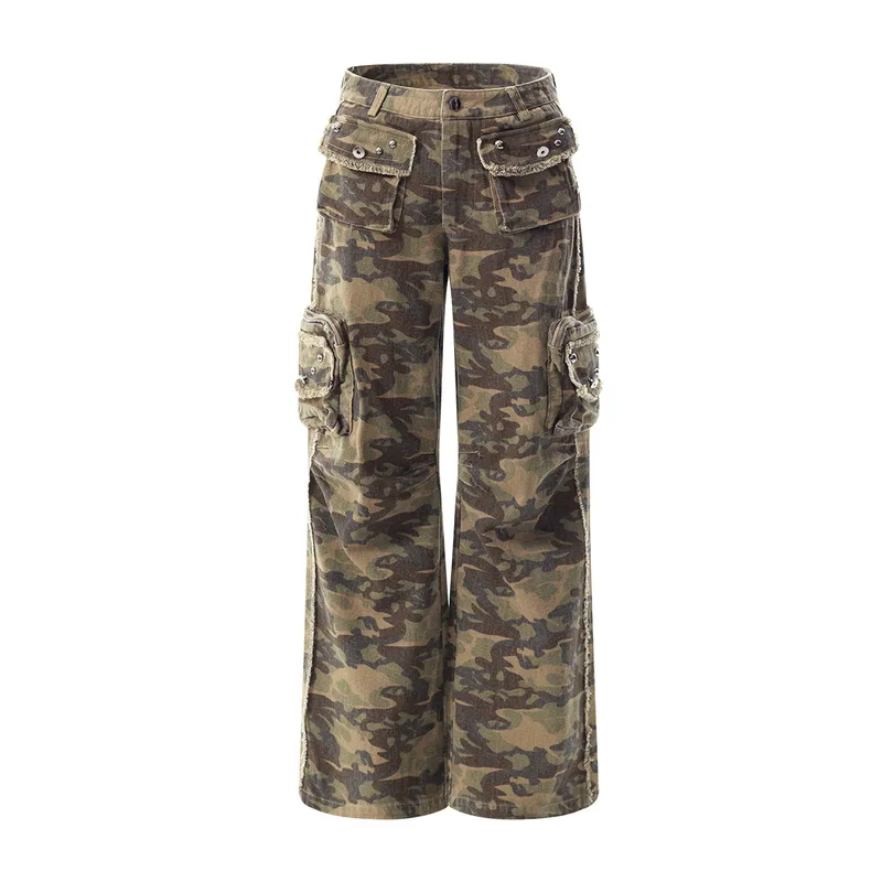 Spring  High Street Vibe Camouflage Fodgy Jeans Micro-washed Rough Edge Multi-pocket Casual Trousers