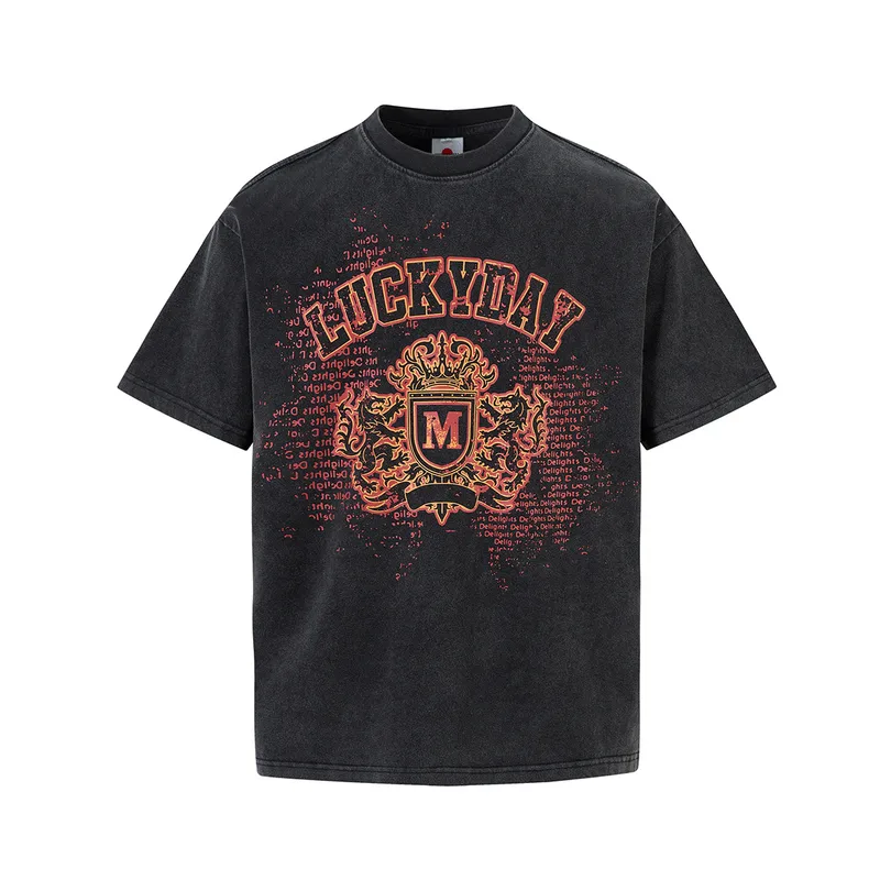 Jiayiku Men's  Summer New American Retro Fashion Brand Tee  Badge Washed Short-sleeved T-shirt For Men And Women
