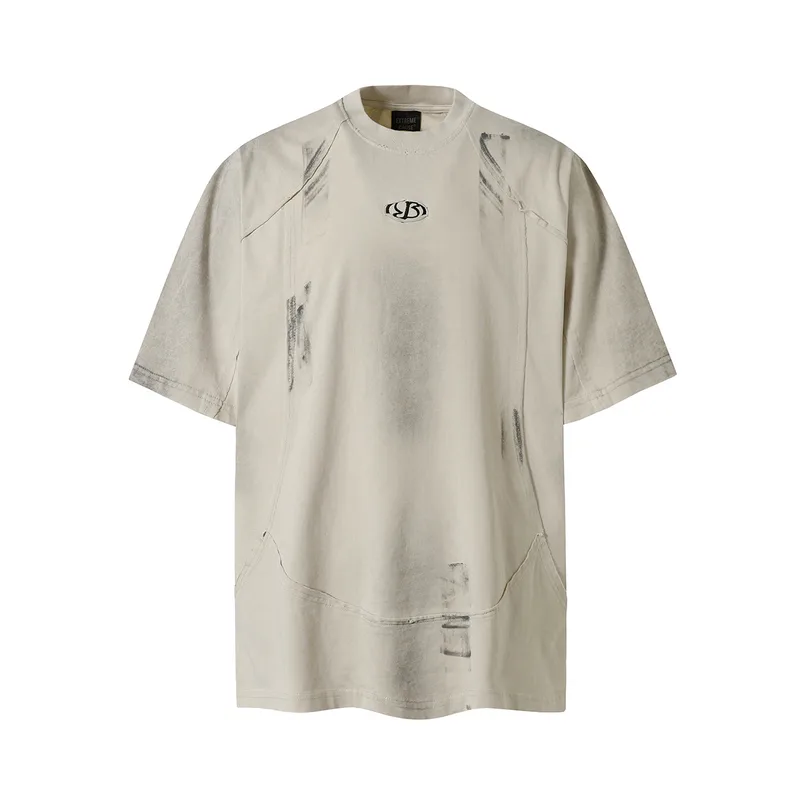 Jiayiku Men's  Summer New American Retro Fashion Brand Heavy Washing Personalized Graffiti Stitching T-Shirt Short Sleeve