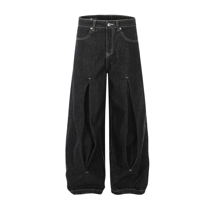 Jiayi Library Men's  New American Vintage Pleated Washed Jeans Men's And Women's Vibe Scimitar Wide Leg Pants