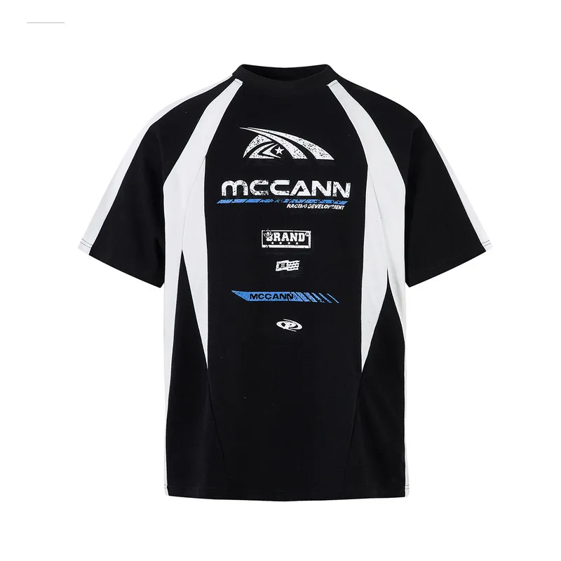 Jiayi Library Men's  Summer New American Jersey Sports Tee Locomotive Wind Coloring Stitching Short-sleeved T-shirt Men