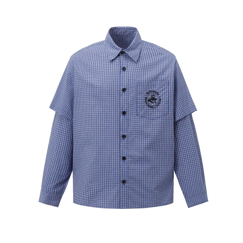Jiayiku Men's  Spring American Retro Cleanfit Fake Two Plaid Shirt Long Sleeve Shirt For Men And Women
