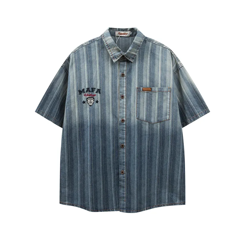 Jiayi Library Men's  New American Retro Gradual Color Washed Striped Denim Shirt Loose Short-sleeved Shirt