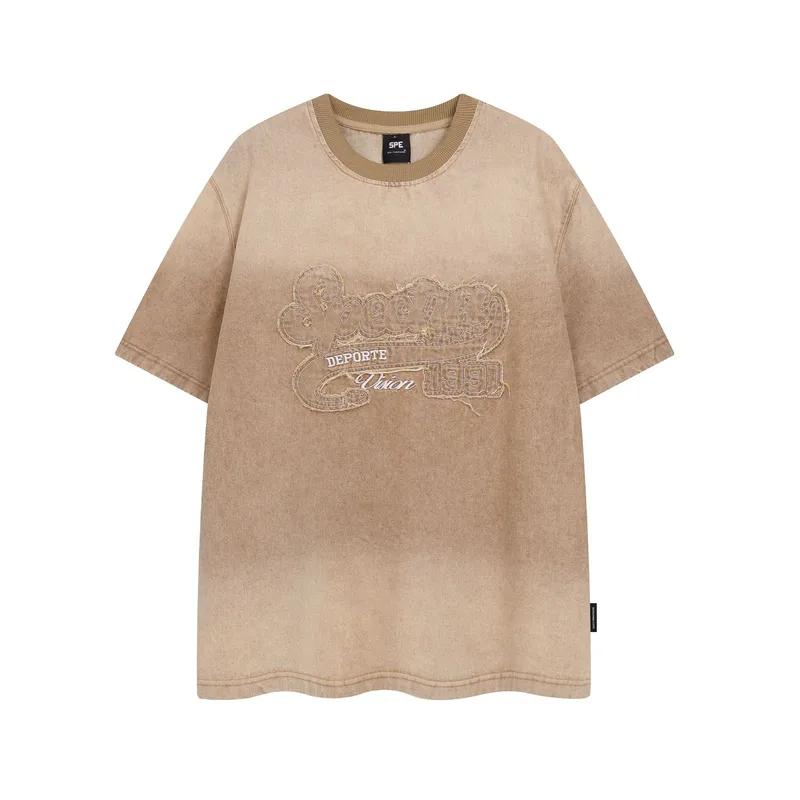 Jiayiku Fashion Brand  Summer New American Retro Patch Embroidery Gradient Color Washed Denim T-shirt Short Sleeve