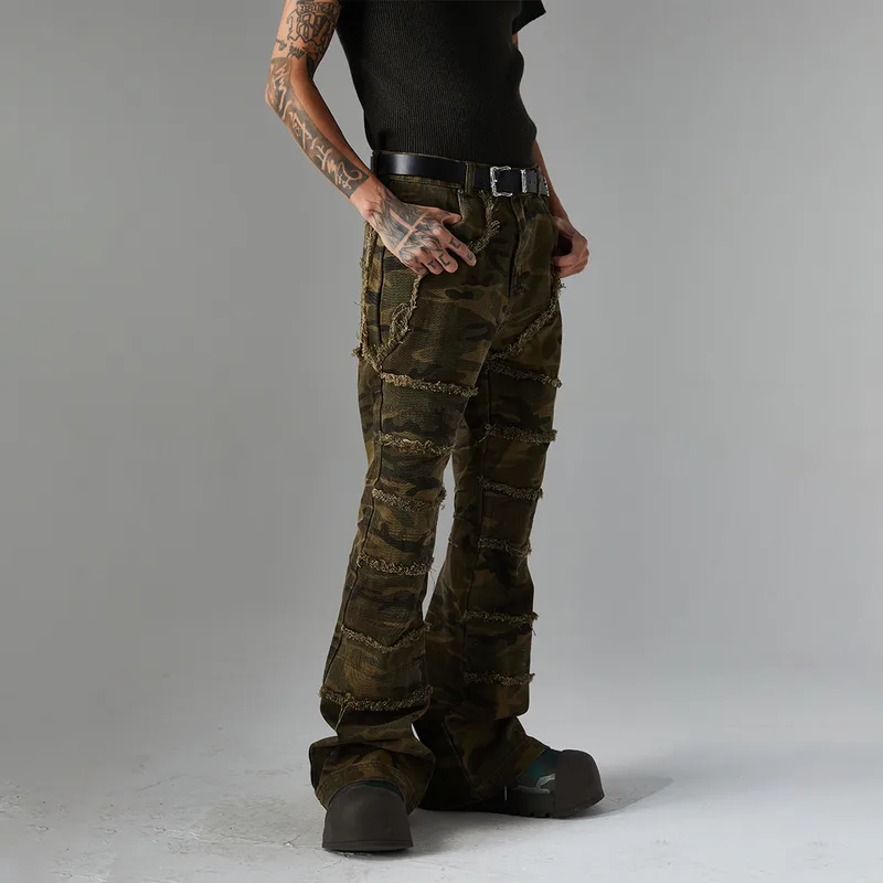 Jiayiku Chao Brand   High Street Vibe Camouflage Rough Wash Jeans