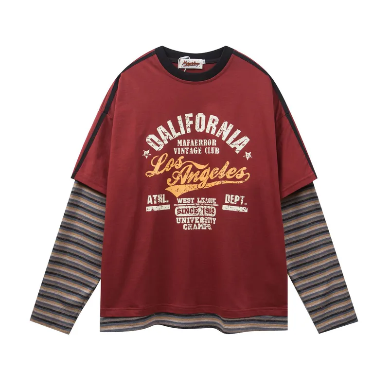 Jiayi Library Men's  Spring New American Jersey Striped Stitching Fake Two-piece Sweatshirt Long-sleeved T-shirt Men