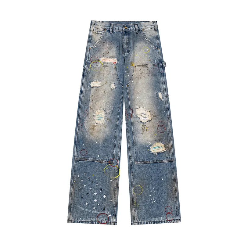 Jiayiku Tide Brand  New Waste Soil Style American Dirty Washed Jeans Straight Tube Personality Long Cleanfit