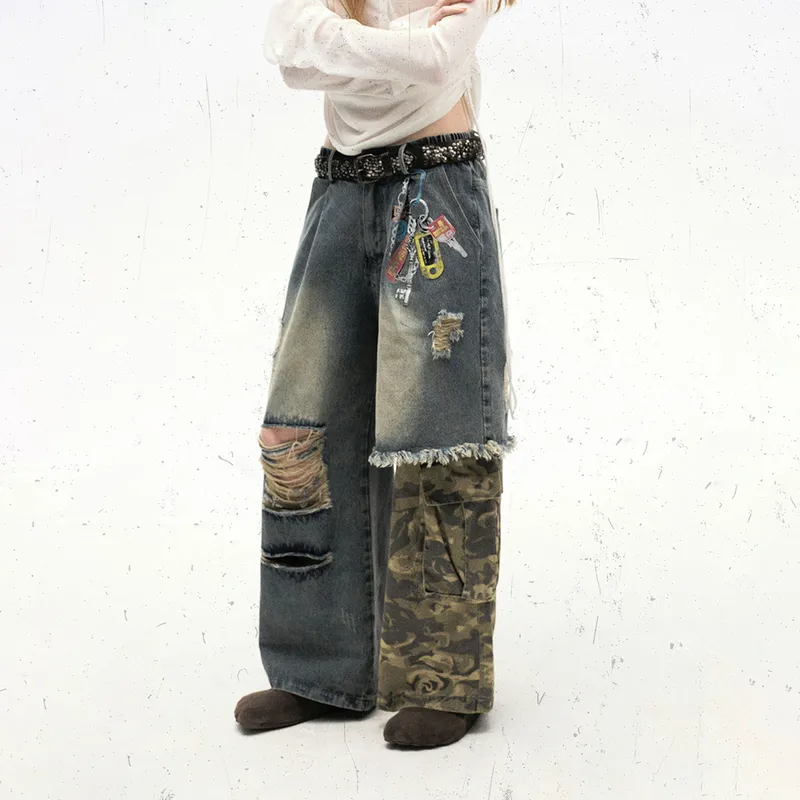 Jiayi Library Men's  Spring New American-style High Street Personalized Vibe Camouflage Color-matching Ripped Washed Jeans