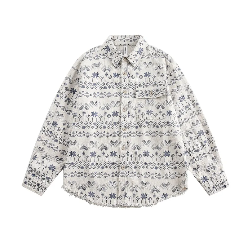 Jiayi Library Men's  Spring New Vintage Ethnic Style Nordic Herringbone Jacquard Shirt Exodical Shirt