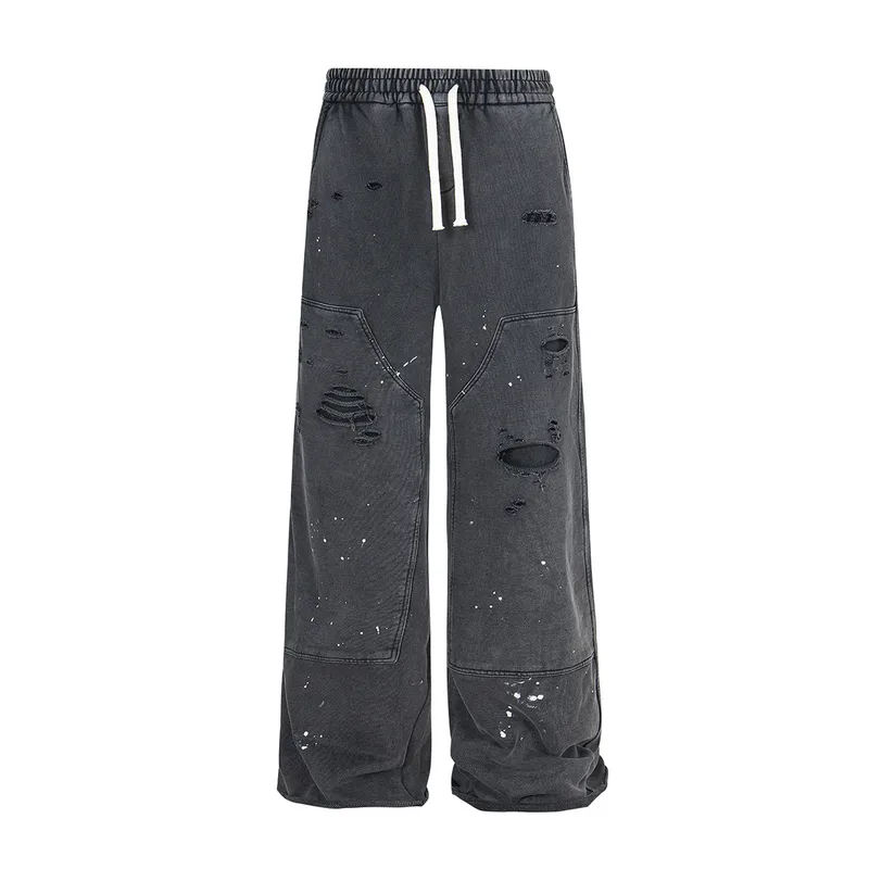 Jiayi Library Men's  New Arrival Waste Earth Style American Style Retro Hole-Rapped Washed Pants Hangling Sense Straight Casual Pants