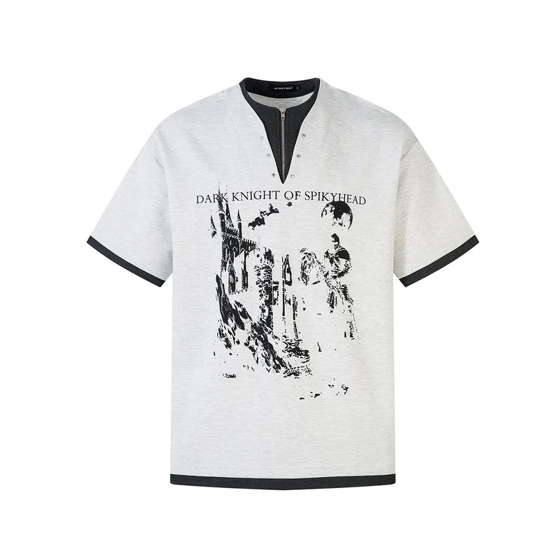 Jiayiku Men's  Spring New American Retro Fake Two-piece Base Shirt Dark Print Short-sleeved T-shirt Men