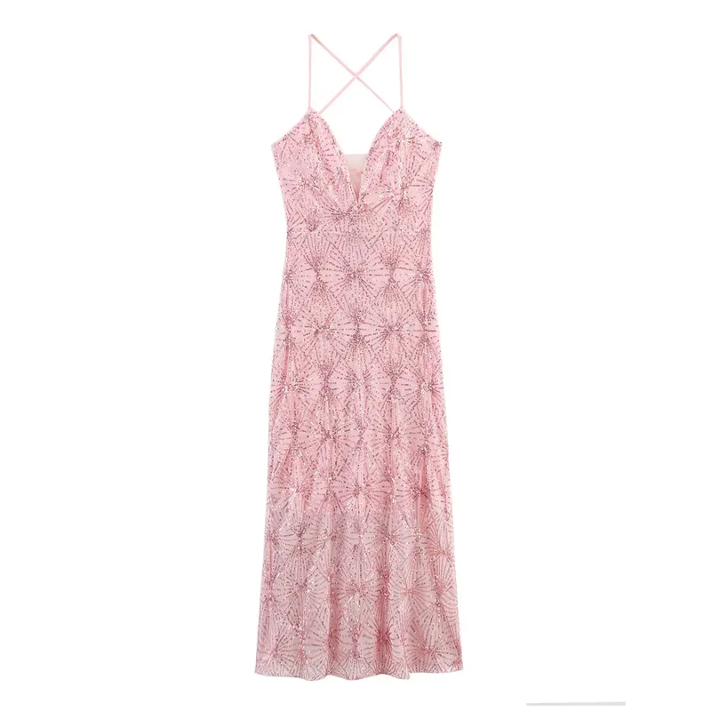 Ladies Long Bead Strap Dress Casual Loose Spring Autumn Style Bead Decoration Design Women's Daily Wear Polyester Fabric Skirt Length