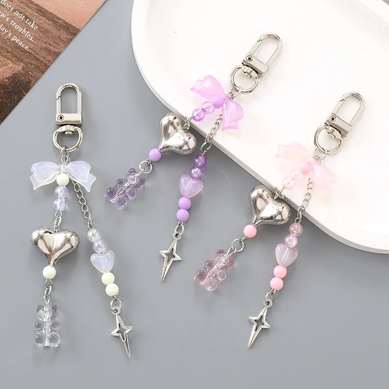 1 Piece Lady Romantic Sweet Heart Shape Bow Knot Beaded Acrylic Beaded Bag Pendant Keychain