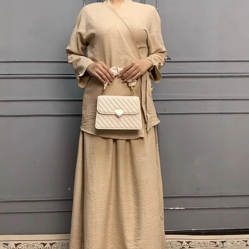 Middle East  Solid Color Lace-Up Top Skirt Suit Dubai Loose Casual Suit Women's Dress