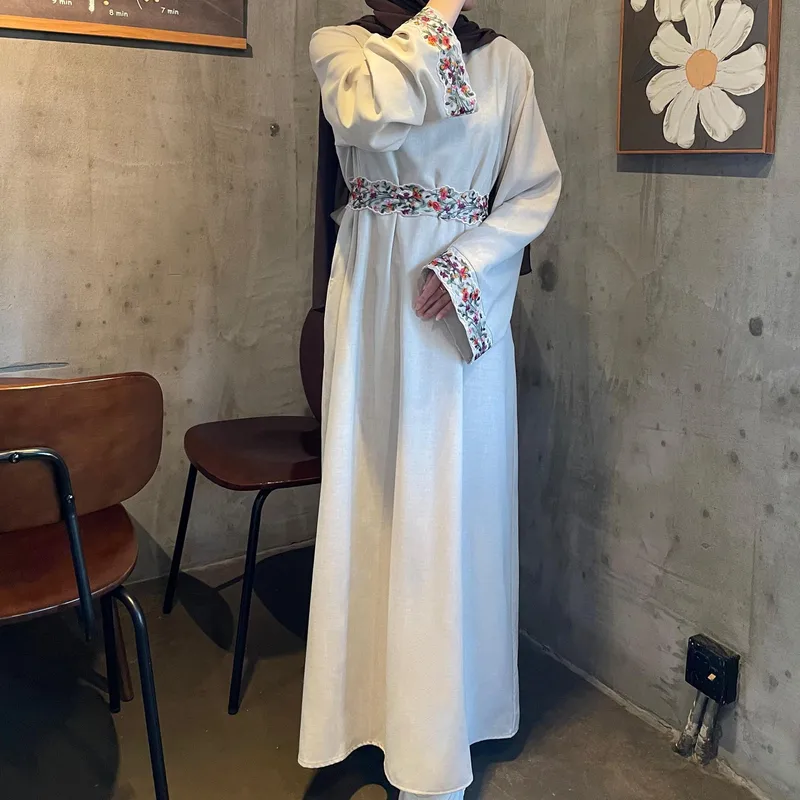 Shrimp  Muslim Clothing Linen Embroidery With Lining Dress Floral Embroidery