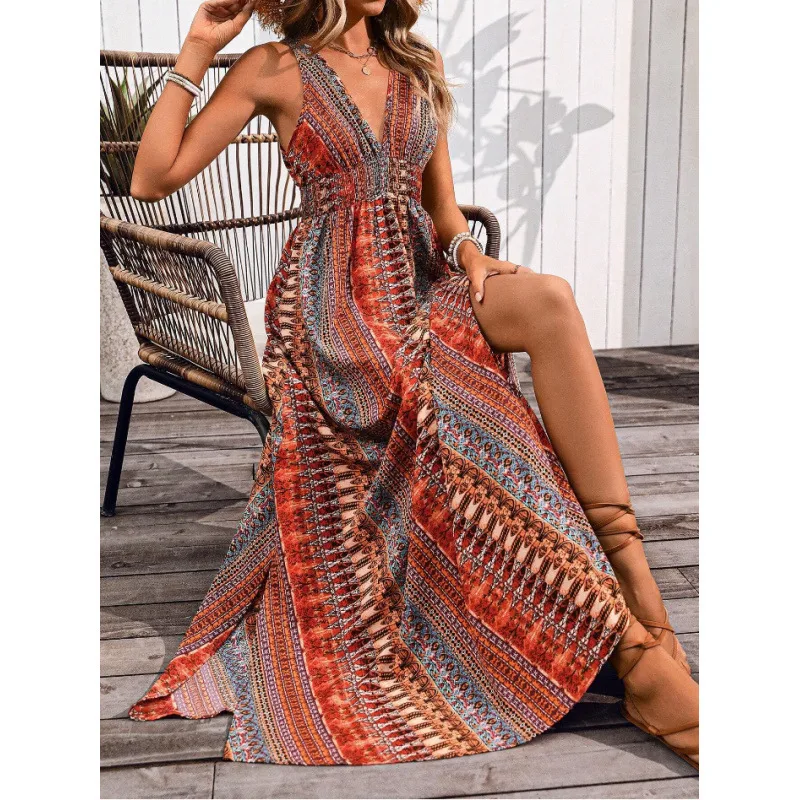 Wholesale Women's Elegant Vacation Printing Casual Holiday Plunging Neck Sleeveless Swing Dress
