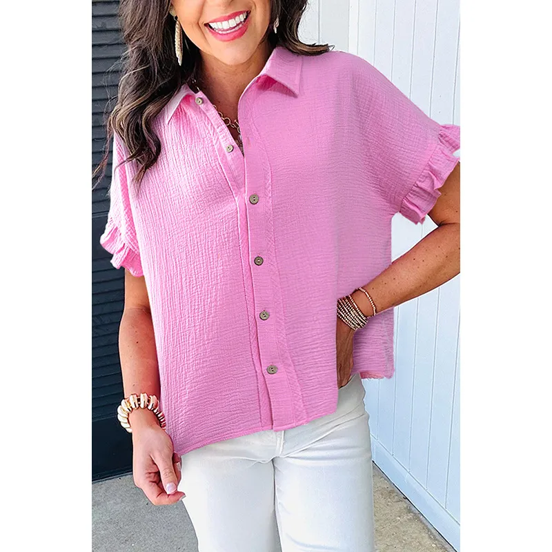 Summer New Pure Color Shirt Women's Casual Style Multi-Button Turn-down Collar Pleated Sleeve Short Sleeve Loose Fit Top