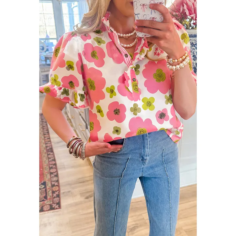 Summer New Style Women's V-neck T-shirt Floral Print Short Sleeve Striped Pattern Button Front Sweet Fresh Loose Fit Top