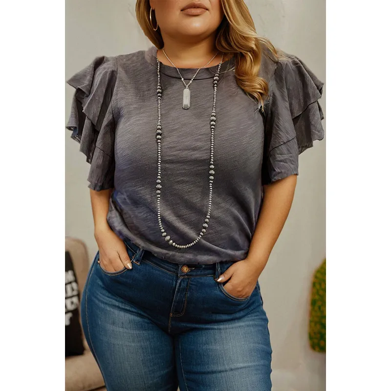 Loose Oversize Women's Short Sleeve T-shirt  Fashion Floral Edge Pure Color Round Neck Pullover Summer New Arrival
