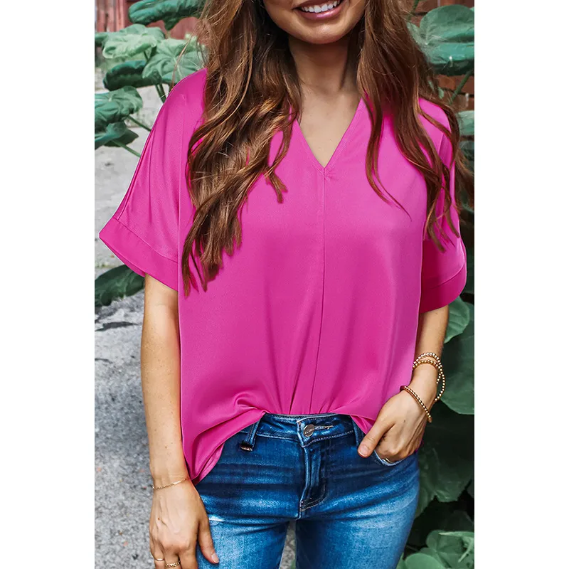 Summer New Loose V-Neck Short Sleeve T-Shirt Women's Commute Simple Match Pure Color Crew Neck Pullover Top Casual Style