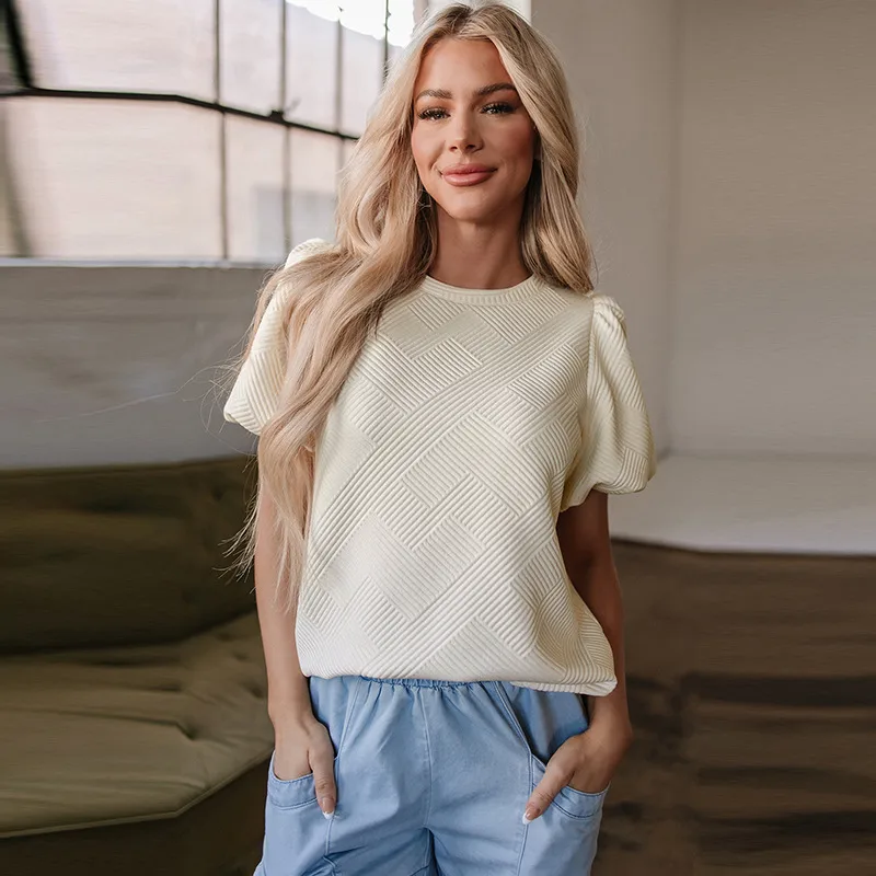 Summer New Pure Color Texture Bubble Sleeve Hoodie Women's Short Sleeve Round Neck T-shirt Fashionable Versatile Casual Style