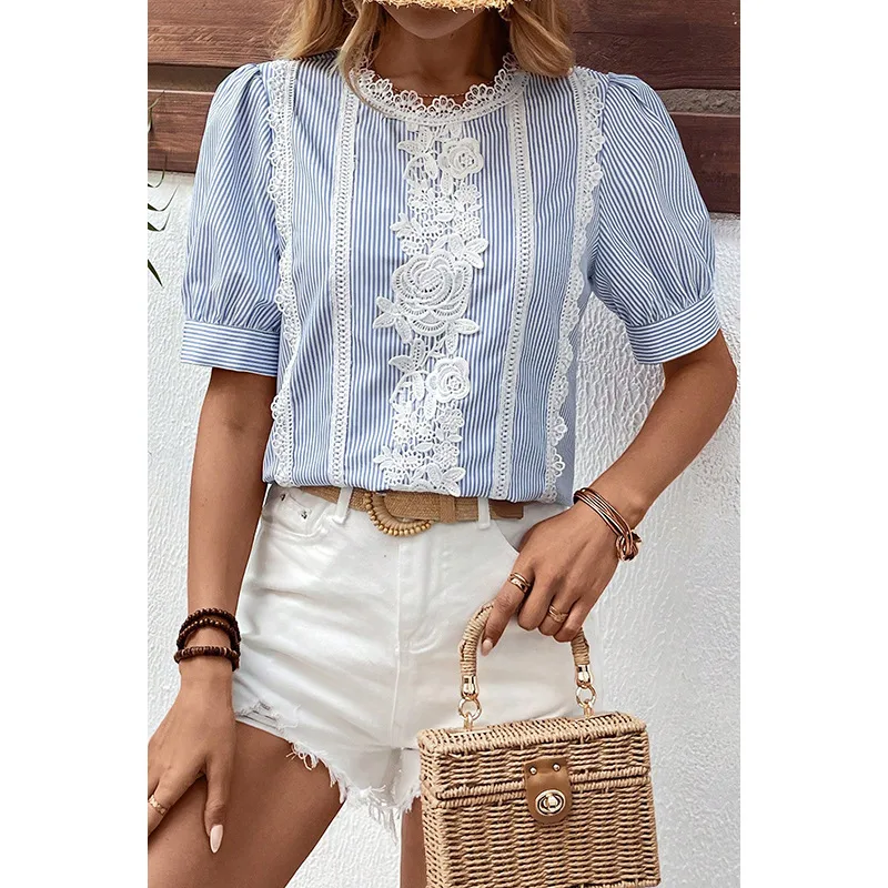 Summer 2025 Women's Lace Splice Printed Chiffon Top Five-Quarter Sleeve Round Neck Commute Style Loose Fit Casual Fashion