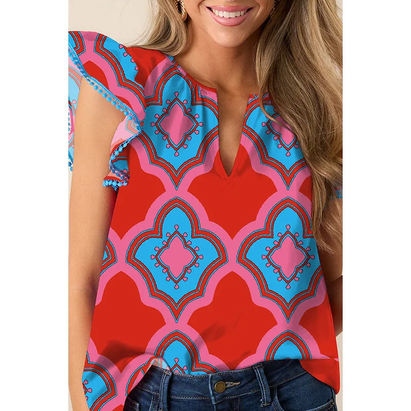 Summer New V-neck Women's T-shirt Abstract Print Chiffon Casual Style Three-quarter Sleeve Floral Lace Hemline Fashion Trend