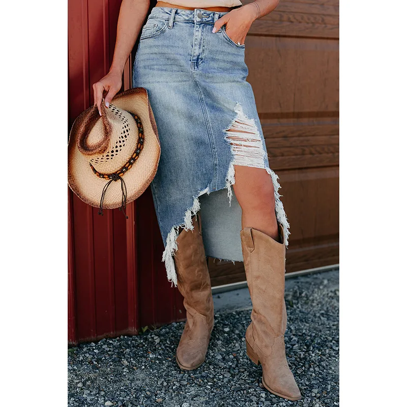 Summer New High Waist Solid Color Mini Skirt Women's Personality Trendy Asymmetrical Hole Denim Skirt Cotton Polyester Fabric