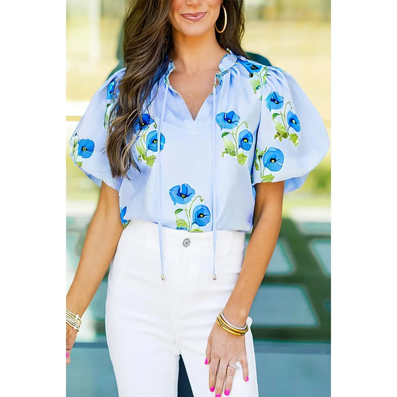 Summer 2025 Women's V-Neck Bubble Sleeve Printed Chiffon Top Fashionable Versatile Loose Fit Casual Style Three-Quarter Length
