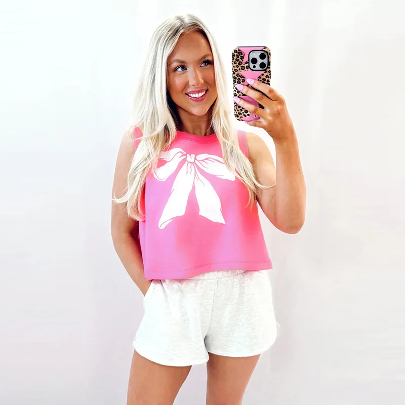 Summer 2025 Sweet Style Women's Pullover Round Neck Vest Butterfly Knot Print Sleeveless Top Fresh And Cute Design Polyester Fabric