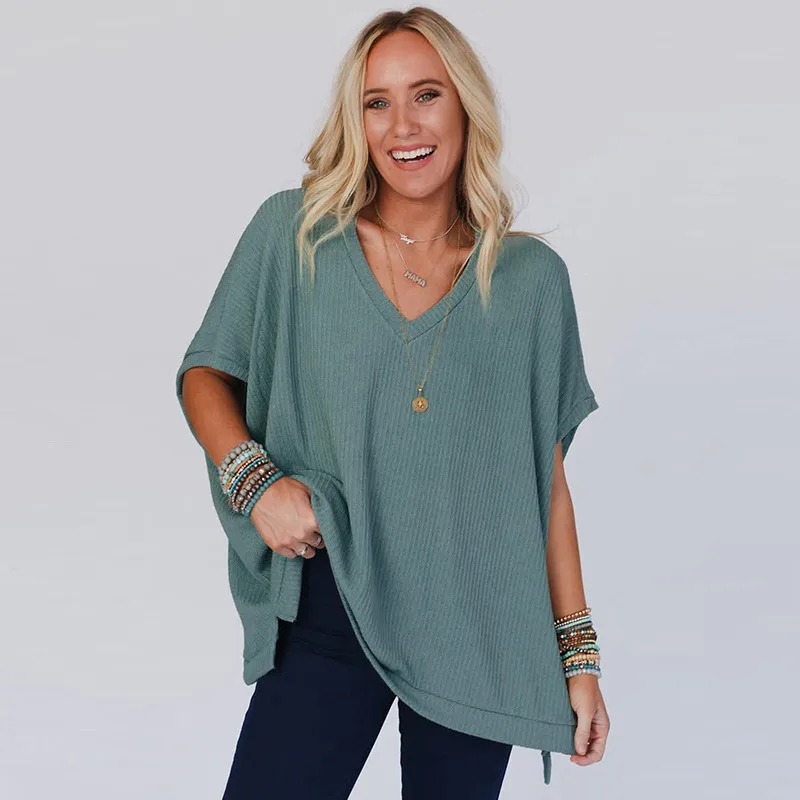 Summer New Pure Color V-Neck Ribbed Loose Women's T-shirt Casual Style Cover-Up Short Sleeve Comfortable Breathable Top